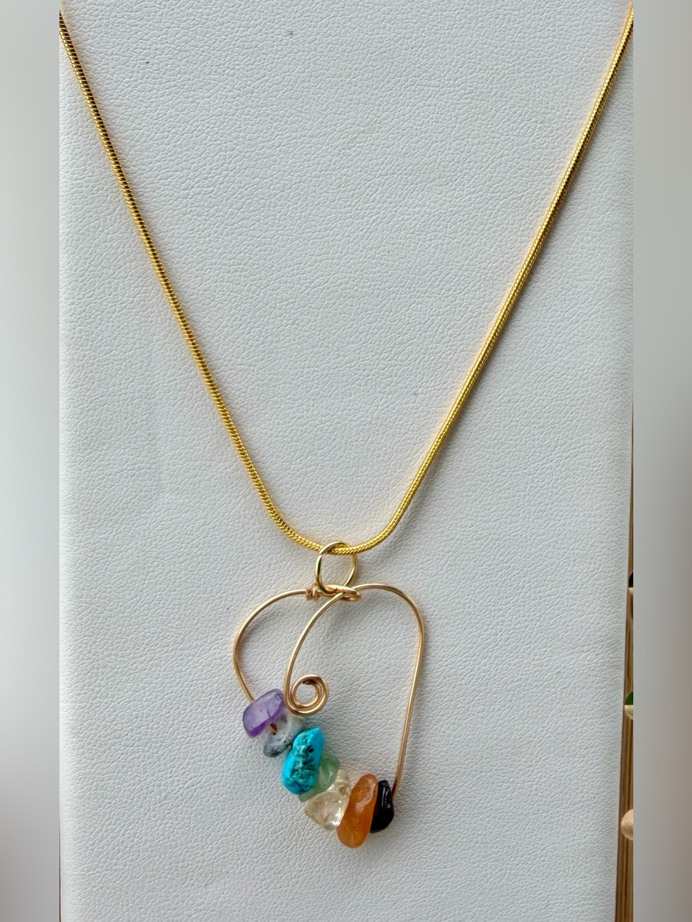 Gold-Tone Heart Pendant Necklace with Multi Gemstone Beads